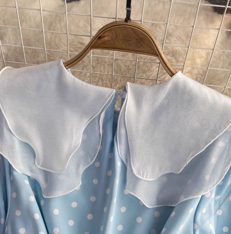 Rochie Amedia albastra cu imprimeu buline si guler dublu