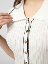 Rochie Ella alba cu guler polo din tricot reiat
