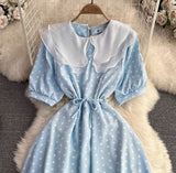 Rochie Amedia albastra cu imprimeu buline si guler dublu