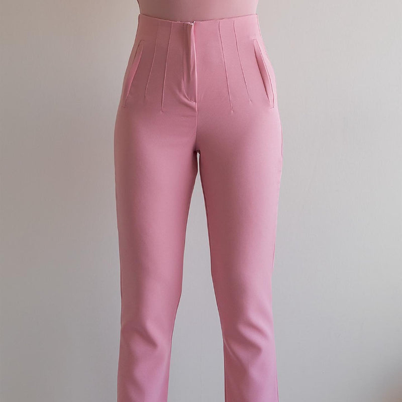 Pantaloni Jemma roz cu talie inalta, croiala conica si pense