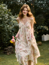 Rochie midi Maldes cu imprimeu floral si panglici