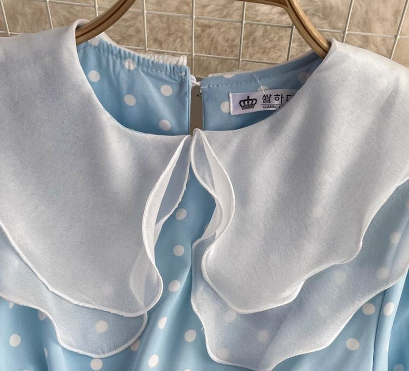 Rochie Amedia albastra cu imprimeu buline si guler dublu