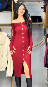 Rochie Enid din tricot cu decolteu barcuta si reiatii