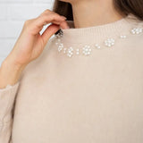 Set Redonita crem din tricot fin -  compus din rochie cu bretele si pulover cu decolteu accesorizat