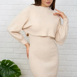 Set Redonita crem din tricot fin -  compus din rochie cu bretele si pulover cu decolteu accesorizat