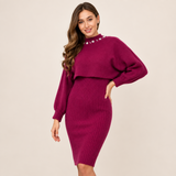 Set Redonita violet din tricot fin -  compus din rochie cu bretele si pulover cu decolteu accesorizat