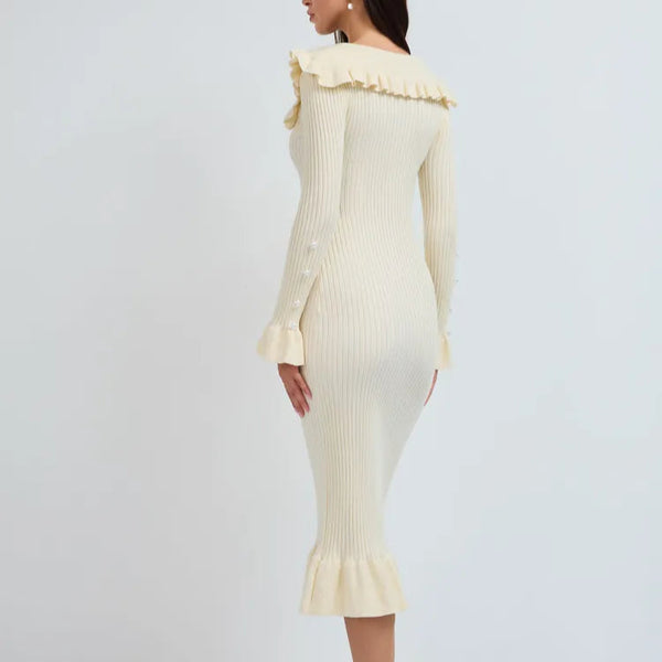 Rochie Asimera crem din tricot cu guler lat si nasturi perlute