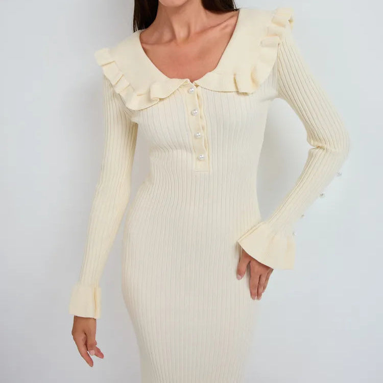 Rochie Asimera crem din tricot cu guler lat si nasturi perlute