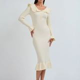 Rochie Asimera crem din tricot cu guler lat si nasturi perlute