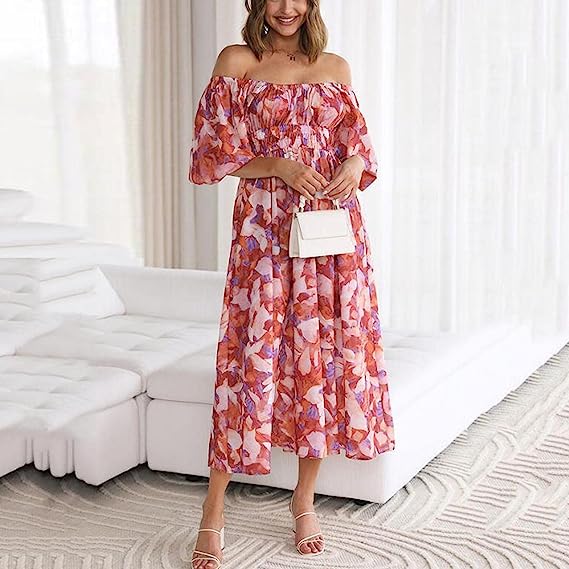 Rochie Nelle rosie cu imprimeu floral si decolteu patrat