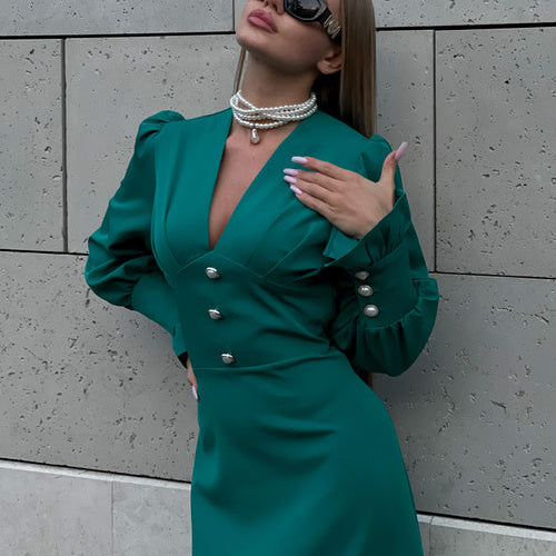 Rochie Iania verde cu decolteu in V si nasturi decorativi