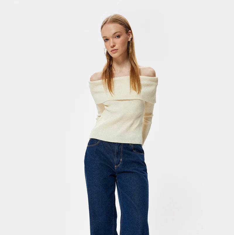 Bluza Unnoa din tricot cu decolteu barcuta cu umeri goi