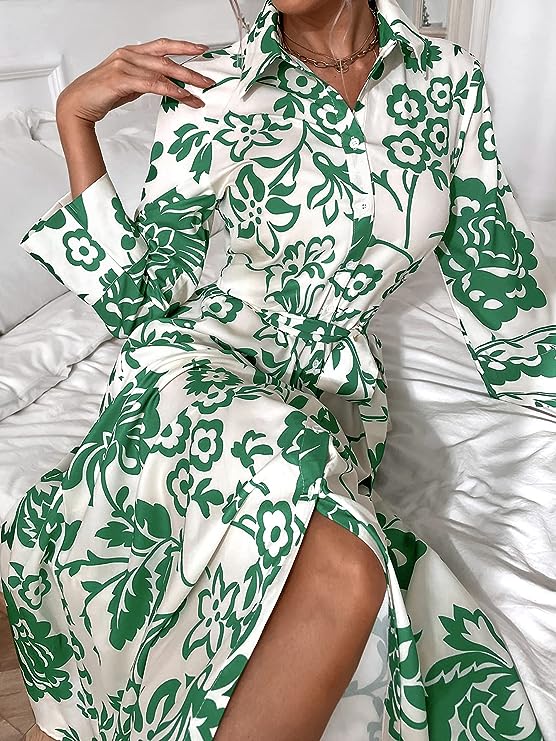 Rochie Orli verde tip camasa cu imprimeu floral si cordon accesorizat