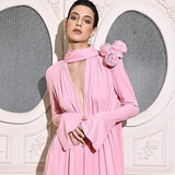 Rochie Biaz cu decupaj in V si guler cu detalii florale