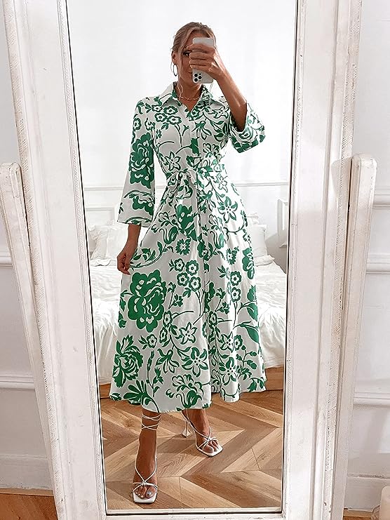 Rochie Orli verde tip camasa cu imprimeu floral si cordon accesorizat