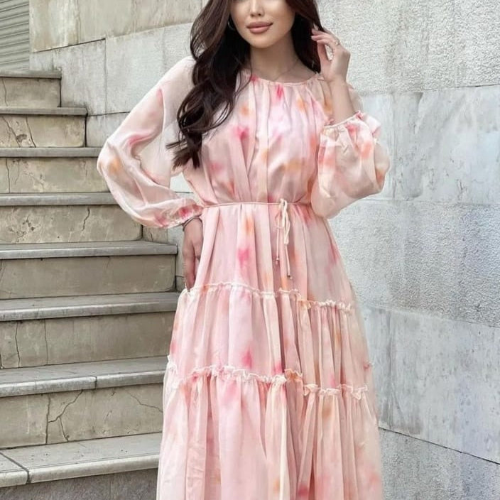 Rochie Ilinca roz cu imprimeu floral si croi lejer