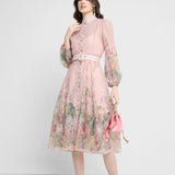 Rochie Rania roz cu imprimeu floral si curea accesorizata