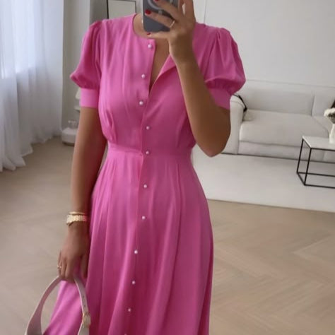 Rochie Afrodita roz cu nasturi tip perle si maneci bufante