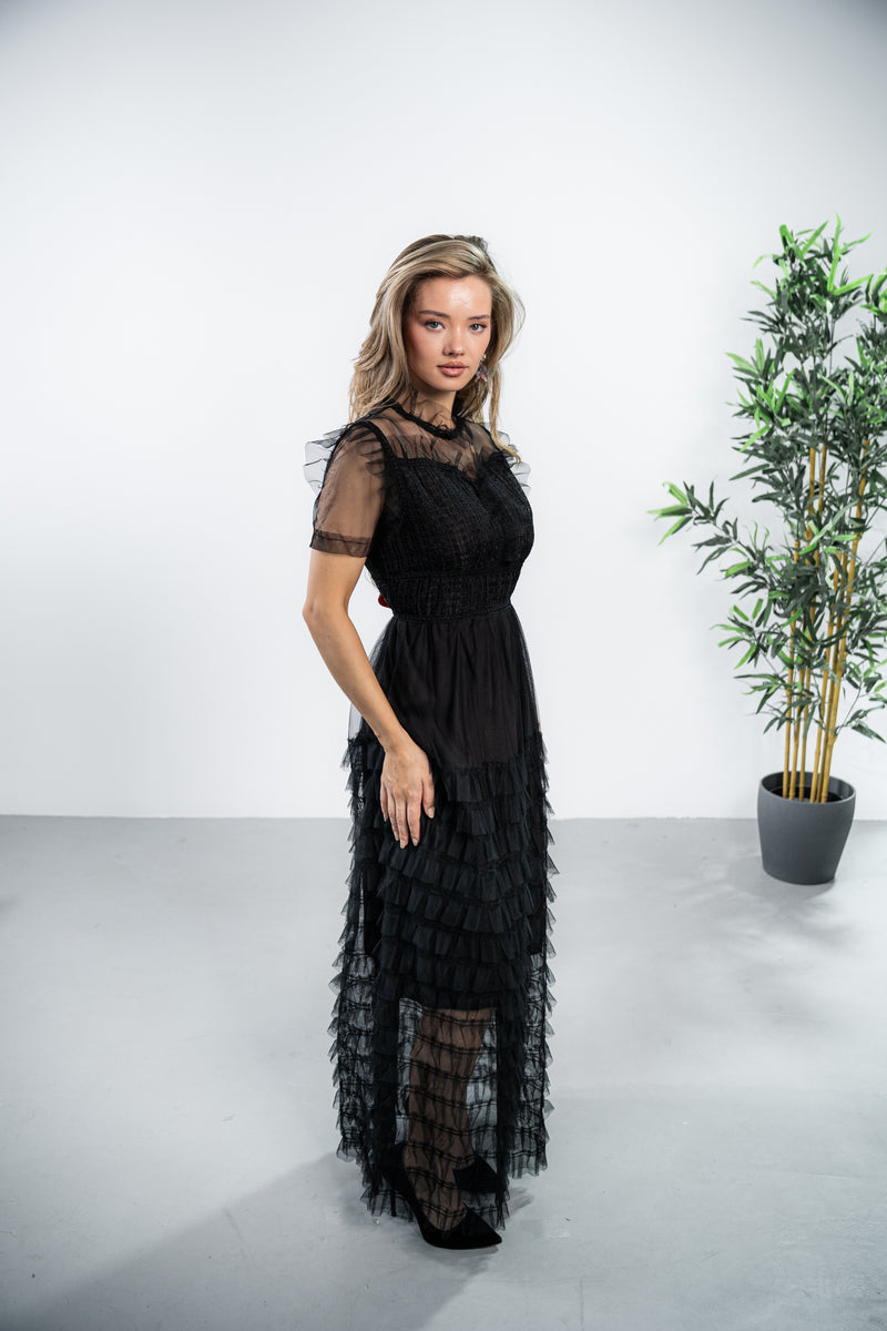Rochie Arianne verde din tulle cu volanase
