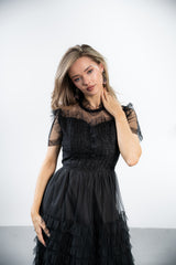 Rochie Arianne verde din tulle cu volanase