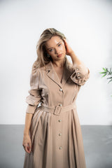 Rochie Athalia bej, cu curea in talie si mansete cu nasturi