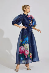 Rochie maxi Peonia din organza cu imprimeu floral