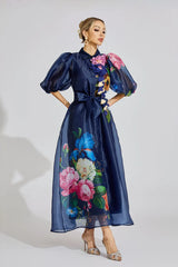 Rochie maxi Peonia din organza cu imprimeu floral