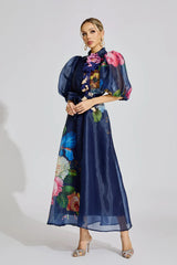 Rochie maxi Peonia din organza cu imprimeu floral