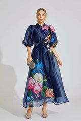 Rochie maxi Peonia din organza cu imprimeu floral