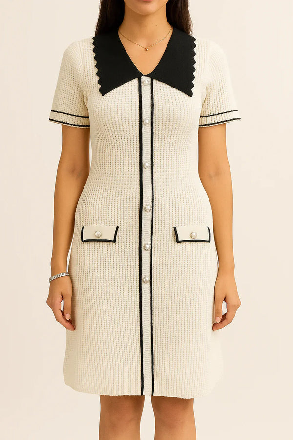 Rochie Eranthe crem din tricot cu guler lat si nasturi decorativi