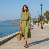 Rochie midi Zoira tip camasa, din in, curea in talie