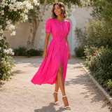 Rochie Afrodita roz cu nasturi tip perle si maneci bufante