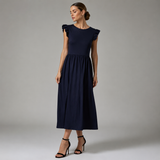 Rochie Sienna bleumarin cu volanase la umeri si fermoar ascuns la spate