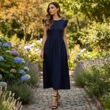 Rochie Sienna bleumarin cu volanase la umeri si fermoar ascuns la spate