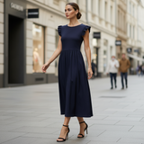 Rochie Sienna bleumarin cu volanase la umeri si fermoar ascuns la spate