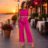 Set Pliria compus din top si pantaloni lungi plisati, curea inclusa
