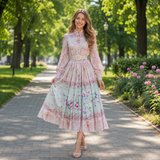 Rochie maxi Rammy cu imprimeu floral si curea in talie