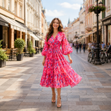 Rochie midi plisata Hoja, imprimeu frunze