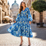 Rochie midi plisata Hoja, imprimeu frunze
