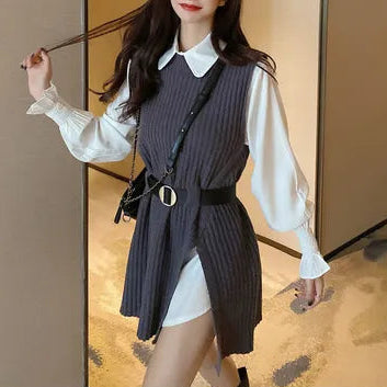 Set Mionna gri compus din camasa si vesta din tricot