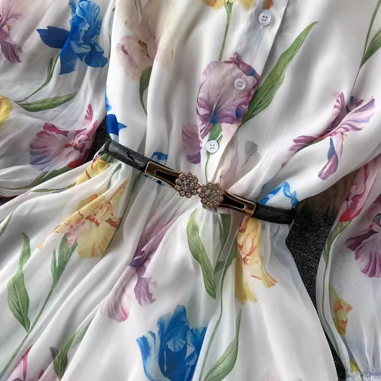 Rochie midi Alvada cu imprimeu floral si curea eleganta