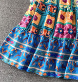Rochie Cordelia albastra cu imprimeu deosebit brodat si bretele reglabile