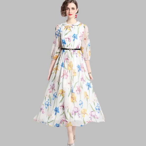 Rochie midi Alvada cu imprimeu floral si curea eleganta