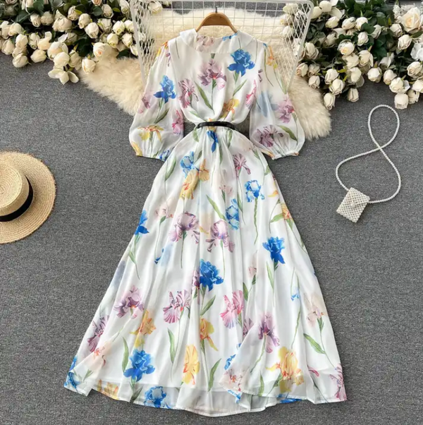 Rochie midi Alvada cu imprimeu floral si curea eleganta