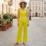 Set Pliria compus din top si pantaloni lungi plisati, curea inclusa