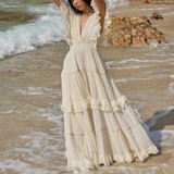 Rochie midi Aylora cu volanase si decolteu adanc