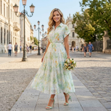 Rochie Brea galben cu nasturi imbracati si imprimeu floral
