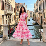 Rochie Brea roz cu nasturi imbracati si imprimeu floral