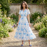 Rochie Brea albastra cu nasturi imbracati si imprimeu floral