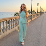 Set Pliria compus din top si pantaloni lungi plisati, curea inclusa